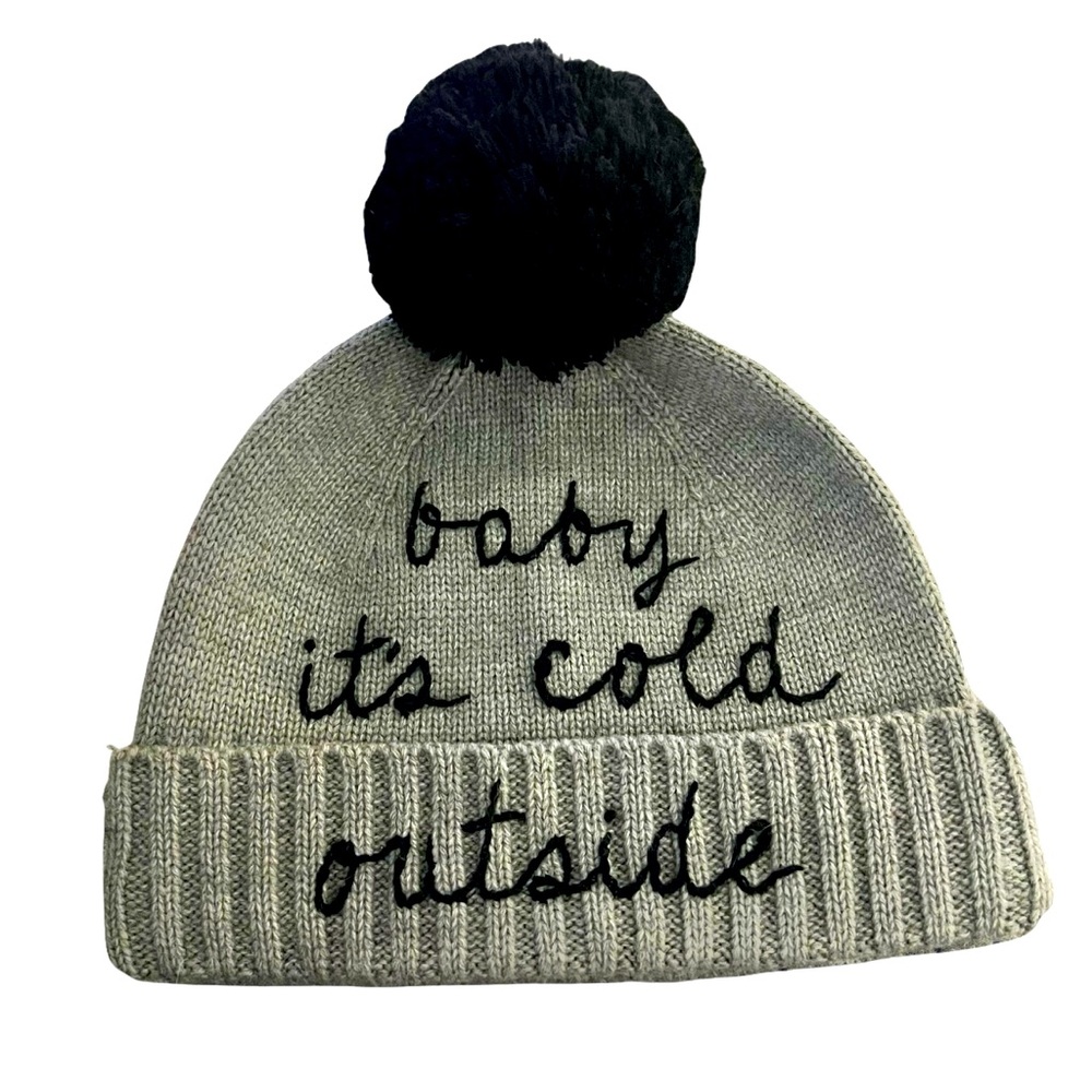 Kate Spade Baby It’s Cold Outside Gray Black Pom Winter Beanie Hat EUC HTF Viral